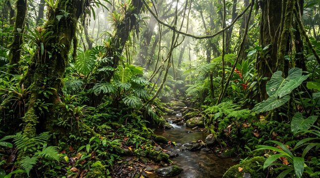 : Lush green dense tropical rainforest jungle environment with flowing stream and wild vegetation