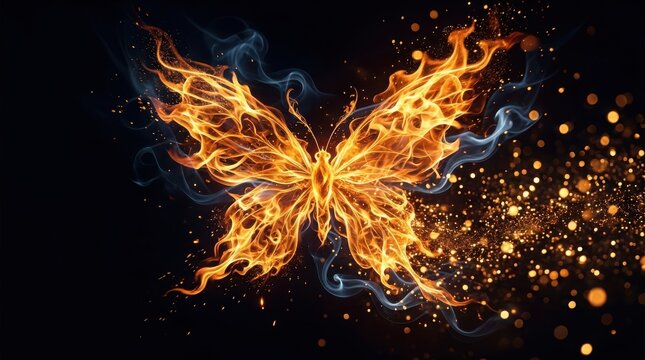 A beautiful butterfly made of bright orange fire and flames flying with glowing light particles isolated on a black background
