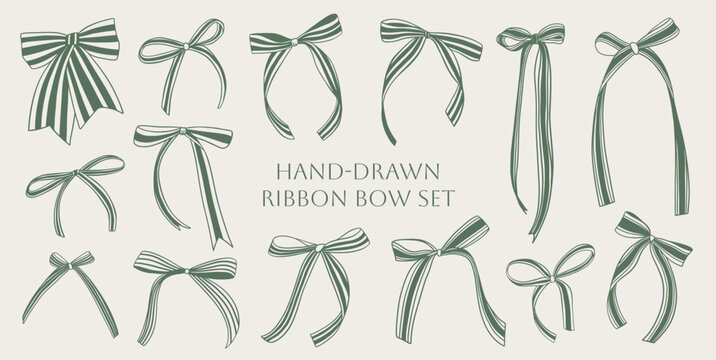 Set of Green Striped Ribbon Bows, hand drawn coquette bowknots, long flowing ribbons, whimsical Wedding Valentine Love clip art, flat Vector Illustration isolated on light background
