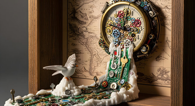 Steampunk clock with intricate gears, circuit board, and vintage map for technology innovation.