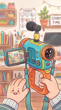 A cute illustration of a person holding a colorful vintagestyle video camera, recording a cozy art studio scene with books, plants, and creative supplies in the background