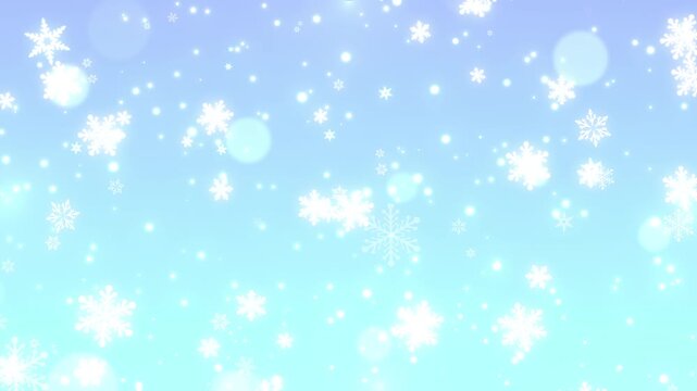 雪の結晶と光の粒子が降る明るい水色のシームレスループ動画素材