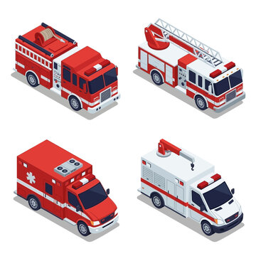 Corporate Isometric of Four Emergency Response Vehicles Red Fire Trucks and Ambulances with Distinctive Features
