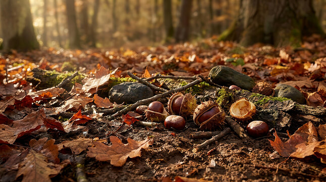 Horse chestnuts with spiky husks lying on the ground among fallen brown autumn leaves