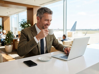Fototapeta premium Smiling businessman having espresso at a laptop in a premium airport lounge, representing executive travel and modern work-life balance.