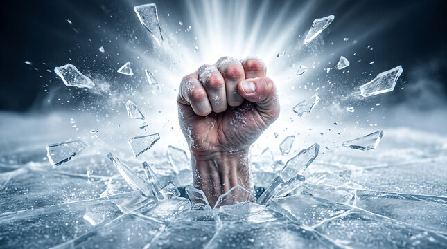 Clenched fist punching through a sheet of thin ice with flying shards, symbolizing resilience, breakthrough, and overcoming cold barriers