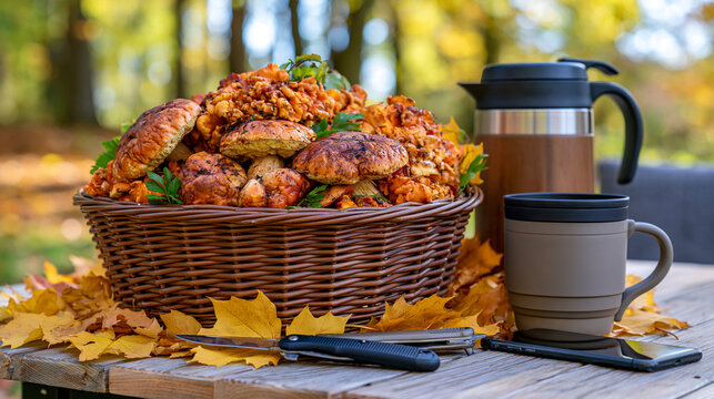 Freshly foraged wild mushrooms displayed in a rustic woven basket beside a coffee thermos, outdoor mug, folding knife and smartphone on a weathered wooden table, golden autumn leaves surrounding the