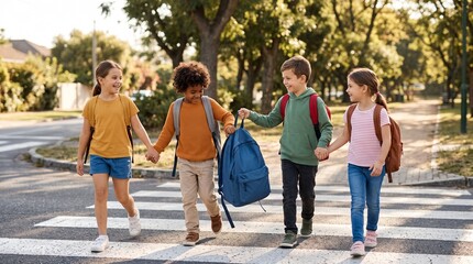 Fototapeta premium Happy diverse school children walking on crosswalk while helping friend carry heavy backpack conveying kindness and teamwork