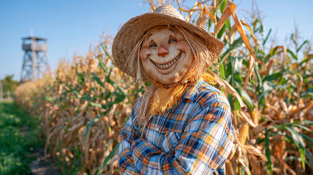 Smiling wooden scarecrow standing at the entrance of a large corn maze in a golden autumn field, rustic wooden watchtower rising above the tall corn in the sunlit background, bright clear blue sky, 