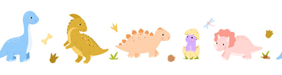 Cute baby dinosaurs seamless border. Repeating nursery banner for kids. Vector isolated illustrations © Elena