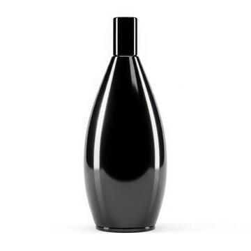 Empty black wine bottle with dark liquid isolated on white background