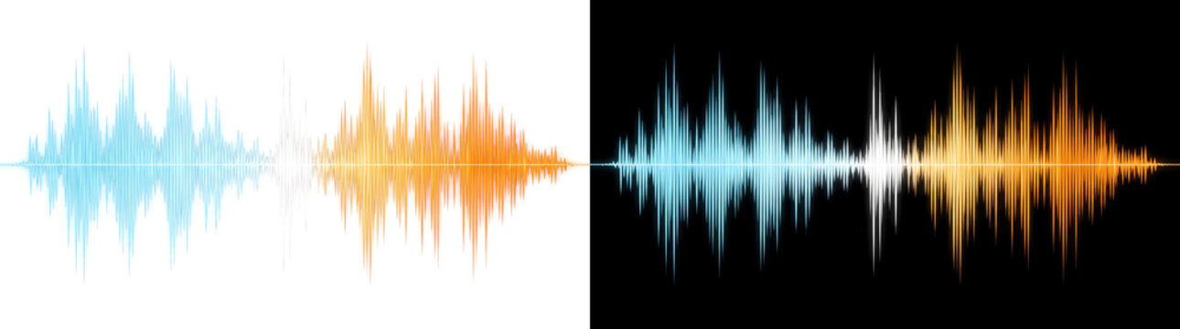 Sound wave audio spectrum design with glowing blue white and orange gradient bars in PNG, Transparent and Black Background Versions for music