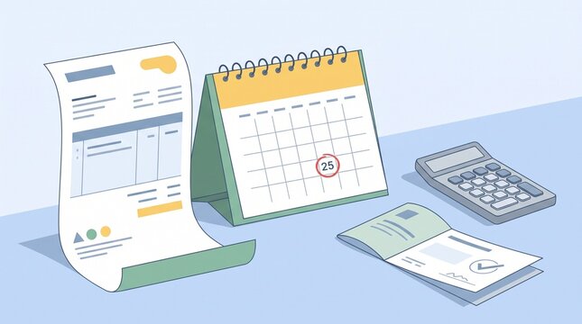 Business invoice with a desktop calendar showing the twenty fifth day and a handheld calculator nearby with circled calculator flat paper invoice stands spiral desk calendar