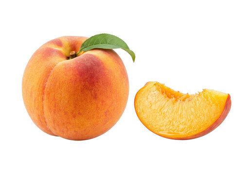Juicy ripe peach with a slice showing its vibrant orange flesh and green leaf