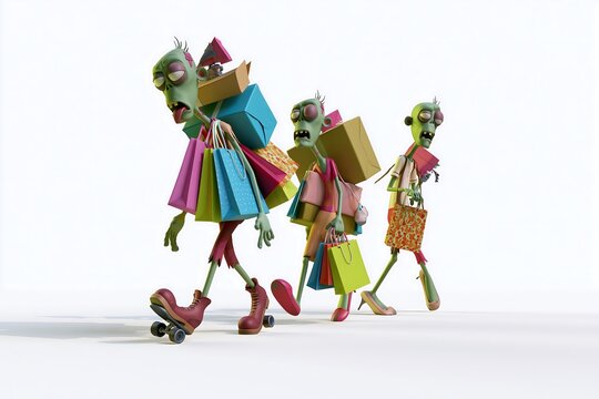 Tired cartoon zombies carry shopping bags and boxes, isolated on white as a humorous Halloween concept for shopping fatigue, overconsumption and seasonal retail campaigns
