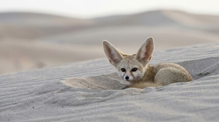 Fototapeta premium Adorable fennec fox with large ears rests in the soft desert sand dunes