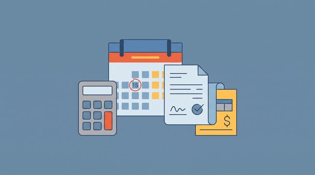 A calculator and a calendar showing a payment due date alongside a signed financial invoice with flat vector illustration displays calculator next calendar fifteenth circled signed invoice document