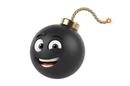 3 d render of a round black bomb character with a smiling face and a lit fuse isolated on a transparent background