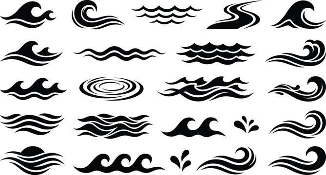 Tidal wave icons bundle with winding river streams water ripples splashing droplets sun horizon and surfing crests