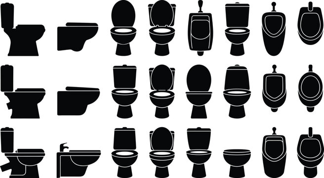 Toilet commode and urinal black silhouette vector element set featuring sanitary ware bathroom plumbing ceramic fixtures bundle