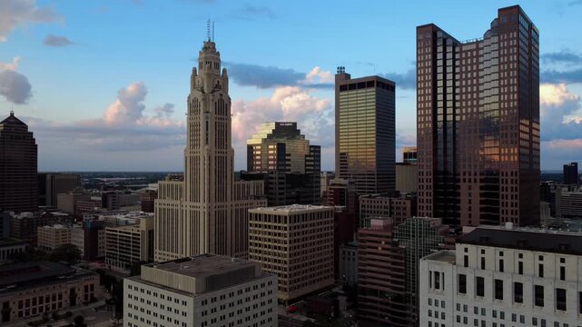 Drone shot of the skyline in Columbus, Ohio near sunset