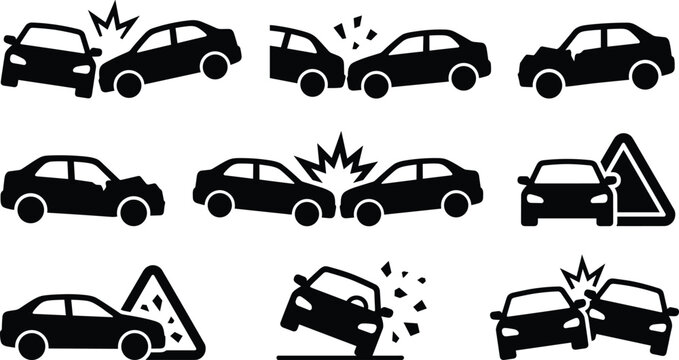 Car accident and road crash silhouette vector set featuring head on collision damaged vehicles and warning signs