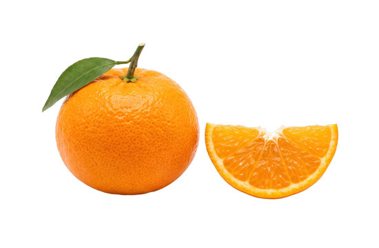 Whole orange with a leaf and a slice of orange on a white background