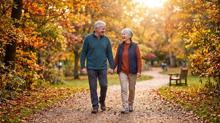 Obraz premium Happy senior couple holding hands and walking together in autumn park representing active aging and lifelong romance