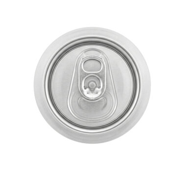 Top view of a closed aluminum beverage can with a pull tab