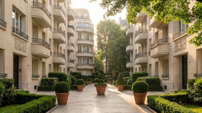 Elegant art deco apartment building facade with balconies in sunny courtyard. Luxury residential architecture with green garden and potted