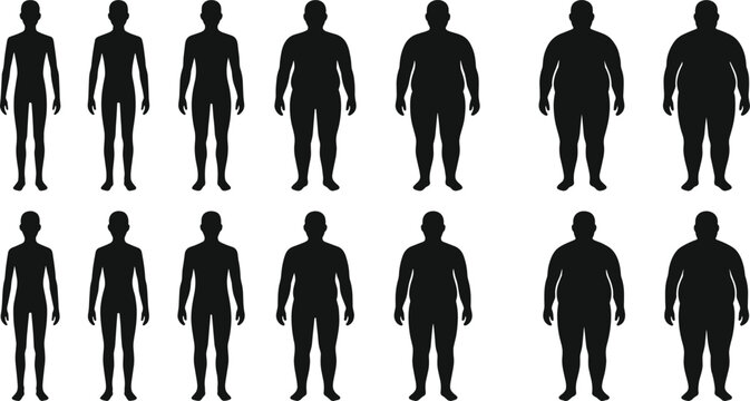 Set of male body shape silhouettes showing weight scale progress from skinny thin to fat and obese vector illustration elements
