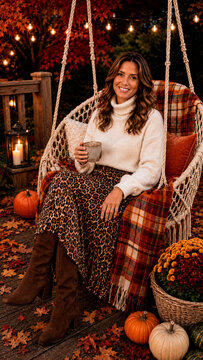 smiling woman sitting in a macrame chair holding a mug. Cozy autumn lifestyle with pumpkins, fallen leaves, and warm string lights. Fall seasonal fashion