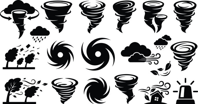 Severe weather vector icons set featuring tornado hurricane twister storm clouds and high wind warning silhouettes