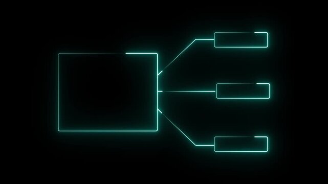 Glowing turquoise flowchart with one large blank box branching into three smaller boxes on a black background, showing a simple process or decision diagram.