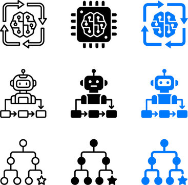 Set of artificial intelligence and machine learning technology icons representing neural networks and robotic automation processes