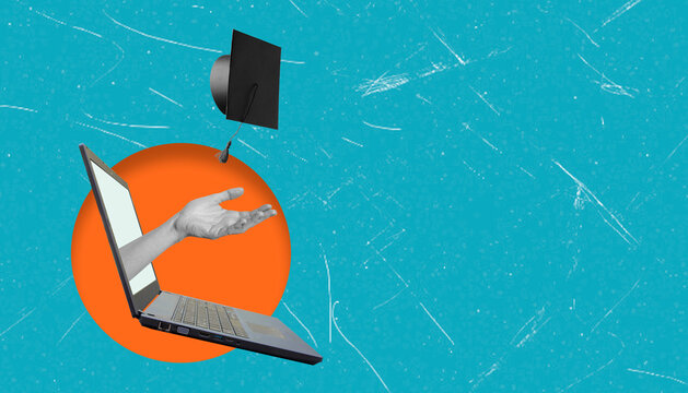 Art collage, Concept of education with hand emerging from laptop tossing graduation cap