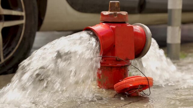 Fire hydrant releasing water on urban street