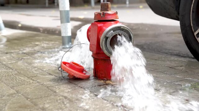 Fire hydrant releasing water on urban street