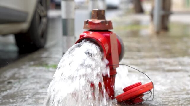 Fire hydrant releasing water on urban street