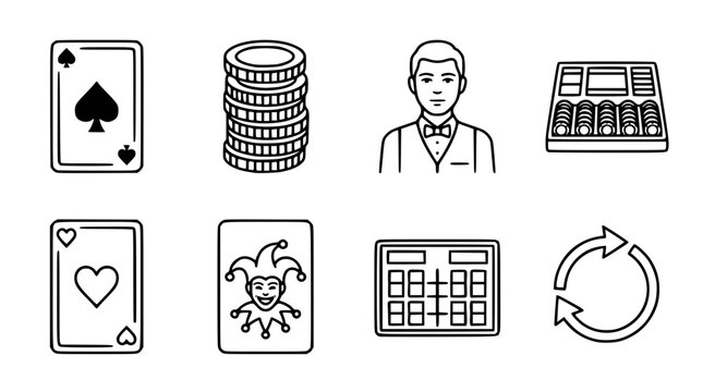 Detailed casino game black and white vector icon set collection