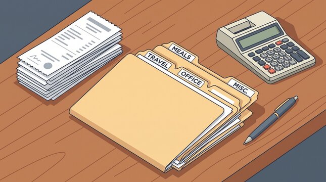 A stack of receipts and labeled folders with a calculator on a wooden office desk with organized workspace pile paper receipts categorized manila file folders pen wooden surface