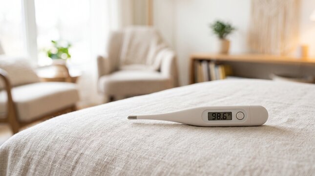 Digital thermometer with a temperature reading lying on a cozy white bed