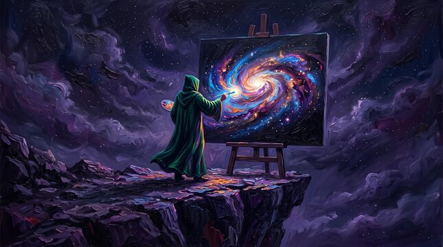 Hooded artist figure painting vibrant spiral galaxy canvas on high rocky cliff depicting surreal creative cosmic art