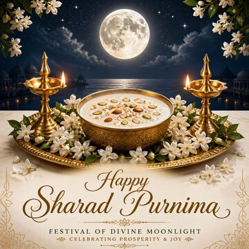 Sharad Purnima celebration with traditional kheer bowl, lotus flowers and glowing oil lamps