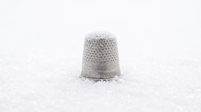 A single metallic sewing thimble resting on a textured white surface