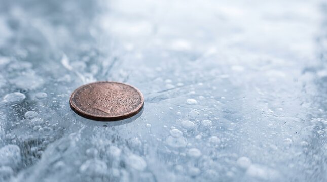 A single copper penny sitting on top of thick blue textured lake ice