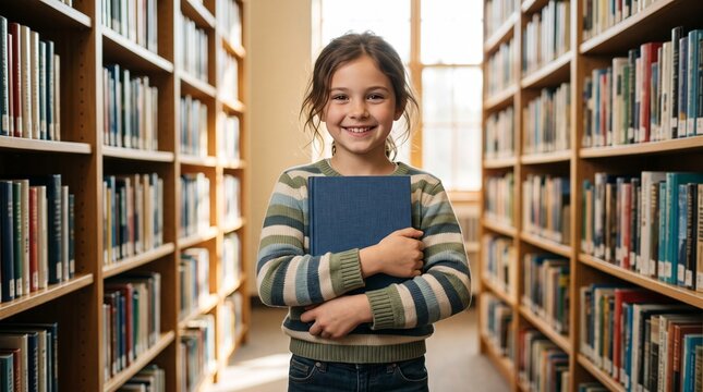 Happy young girl holding blue book standing between bookshelves in library depicting elementary education and reading