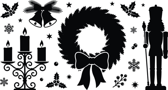 Traditional Christmas holiday vector icons set featuring nutcracker wreath candelabra bells and winter holly berry silhouettes