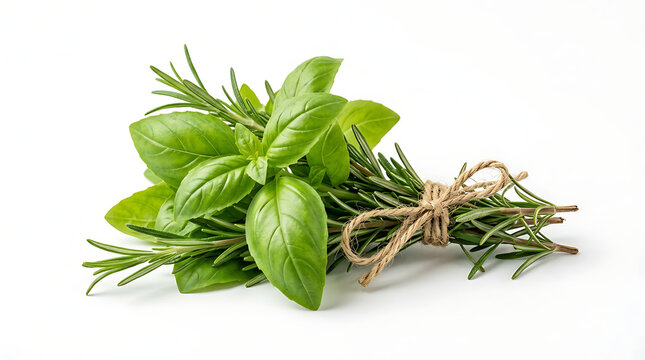 Fresh green basil leaves and a tied bundle of rosemary sprigs isolated on a white background.
