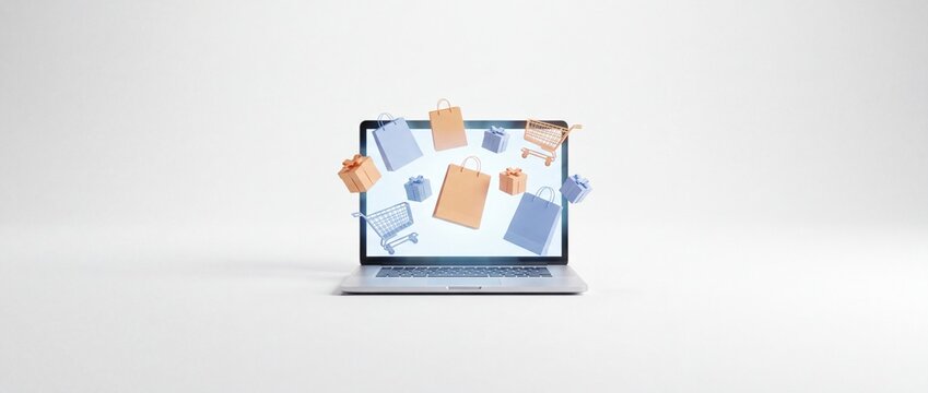 Laptop computer displaying floating shopping bags and gift boxes against a plain white background studio with surface colorful shopping floating above screen